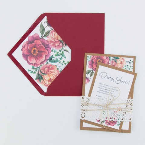 Rustykalne zaproszenia ślubne z motywem kwiatowym Sweet Rose Red